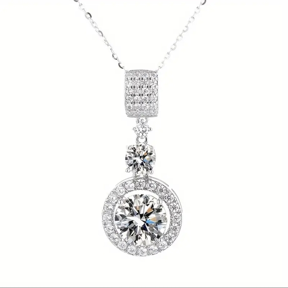 GRA Certified 6.1 CT Moissanite Diamond Brilliant Cut Halo Drop Necklace - Picture 1 of 8